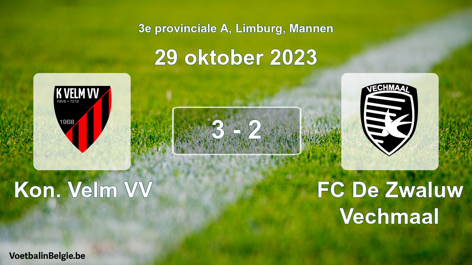 Gespeelde wedstrijd mannenvoetbal: Kon. Velm VV - FC De Zwaluw Vechmaal 3 - 2 (29 oktober 2023)