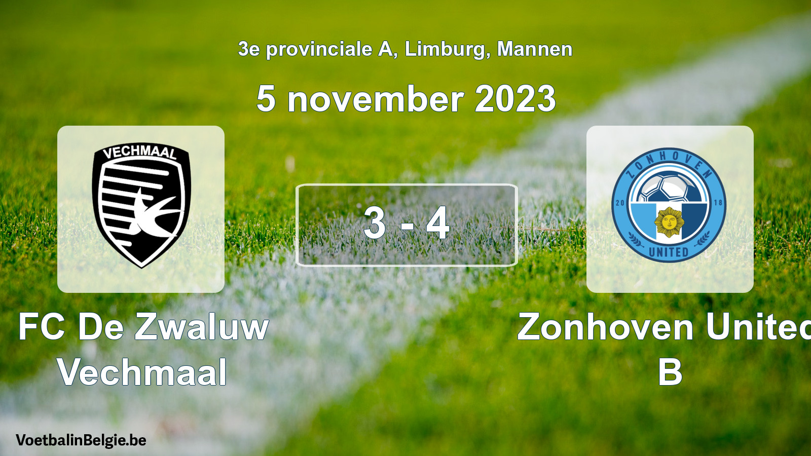 Gespeelde wedstrijd mannenvoetbal: FC De Zwaluw Vechmaal - Zonhoven United B 3 - 4 (5 november 2023)
