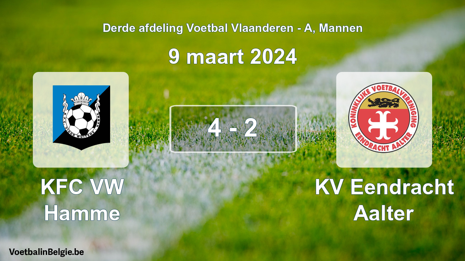 Gespeelde wedstrijd mannenvoetbal: KFC VW Hamme - KV Eendracht Aalter 4 - 2 (9 maart 2024)