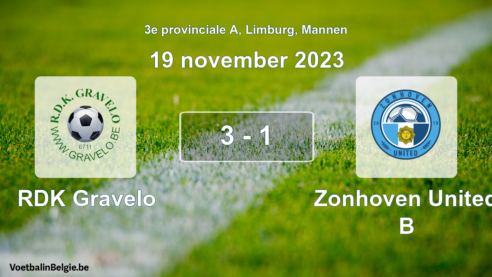 Gespeelde wedstrijd mannenvoetbal: RDK Gravelo - Zonhoven United B 3 - 1 (19 november 2023)