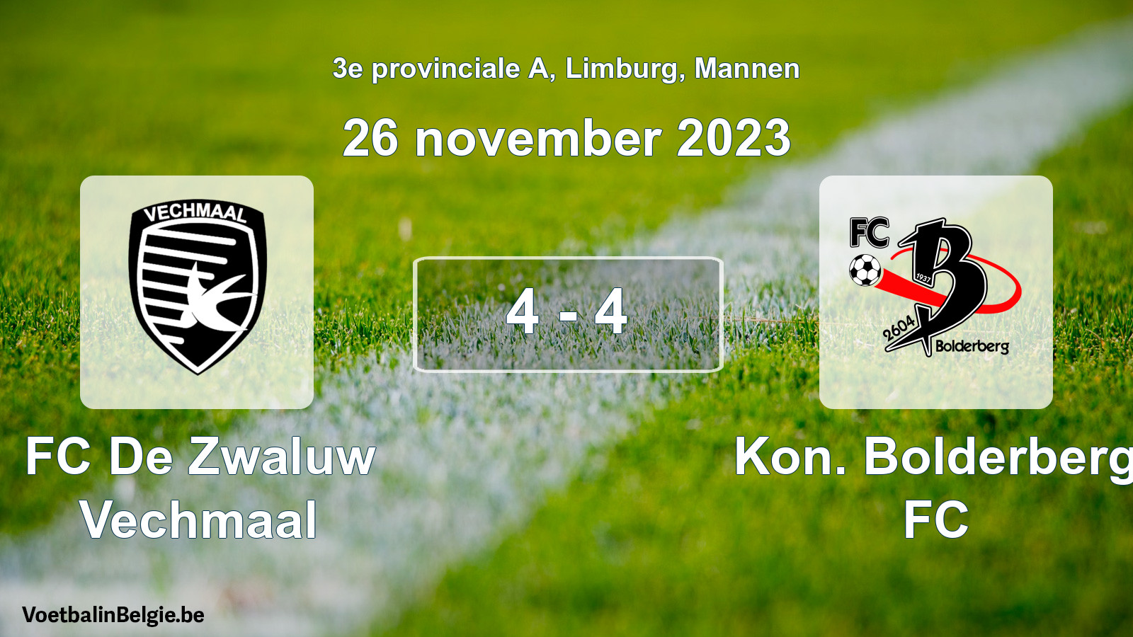 Gespeelde wedstrijd mannenvoetbal: FC De Zwaluw Vechmaal - Kon. Bolderberg FC 4 - 4 (26 november 2023)