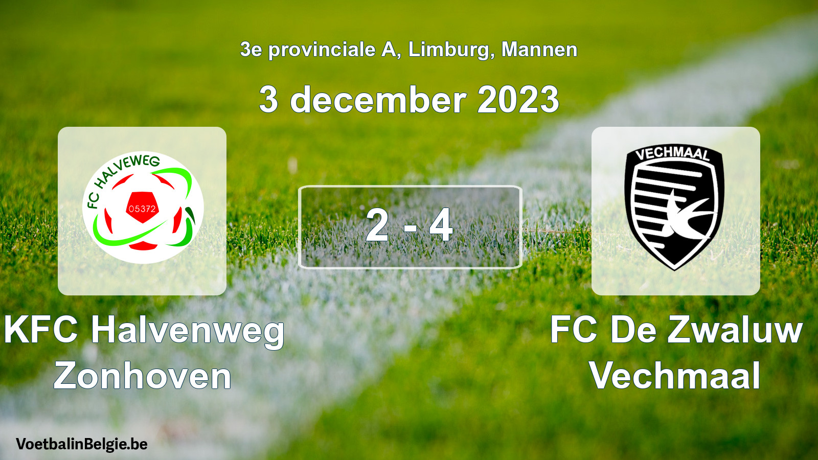 Gespeelde wedstrijd mannenvoetbal: KFC Halvenweg Zonhoven - FC De Zwaluw Vechmaal 2 - 4 (3 december 2023)