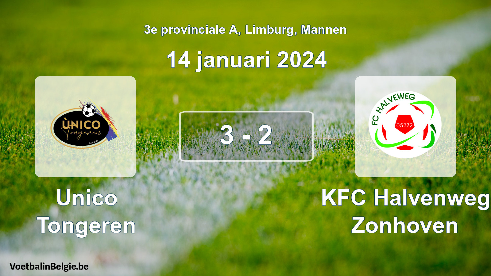 Gespeelde wedstrijd mannenvoetbal: Unico Tongeren - KFC Halvenweg Zonhoven 3 - 2 (14 januari 2024)