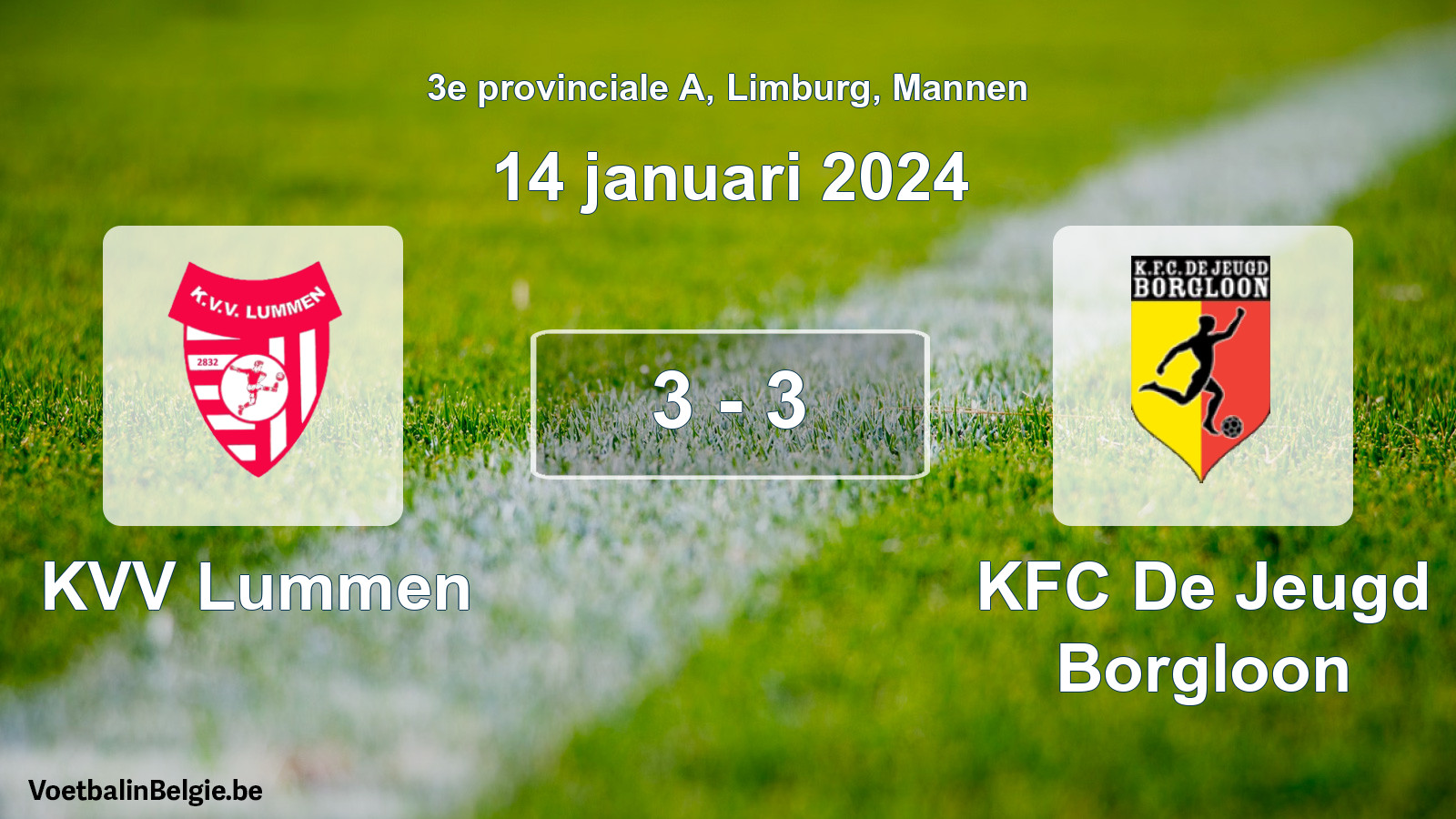 Gespeelde wedstrijd mannenvoetbal: KVV Lummen - KFC De Jeugd Borgloon 3 - 3 (14 januari 2024)