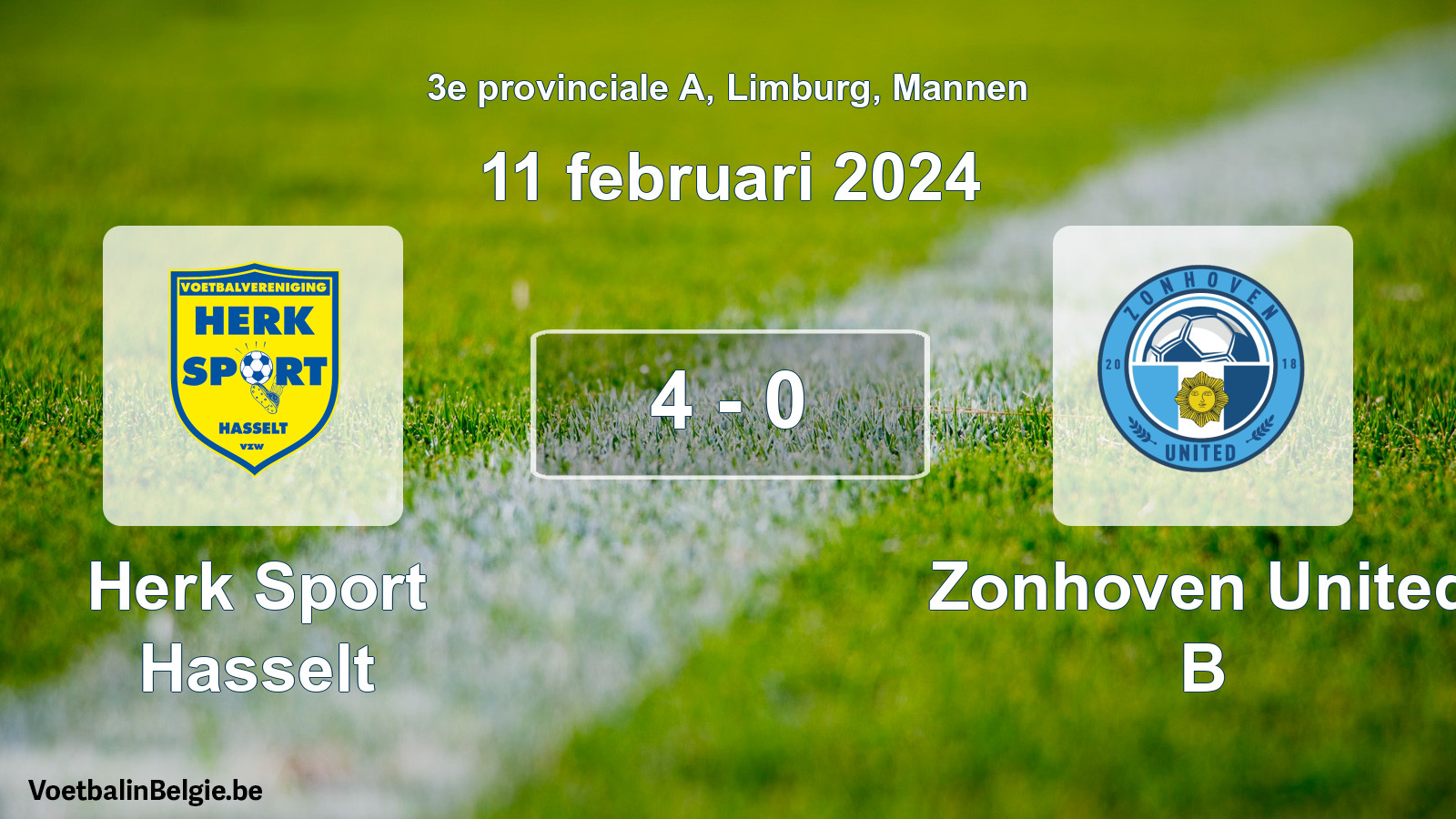 Gespeelde wedstrijd mannenvoetbal: Herk Sport Hasselt - Zonhoven United B 4 - 0 (11 februari 2024)