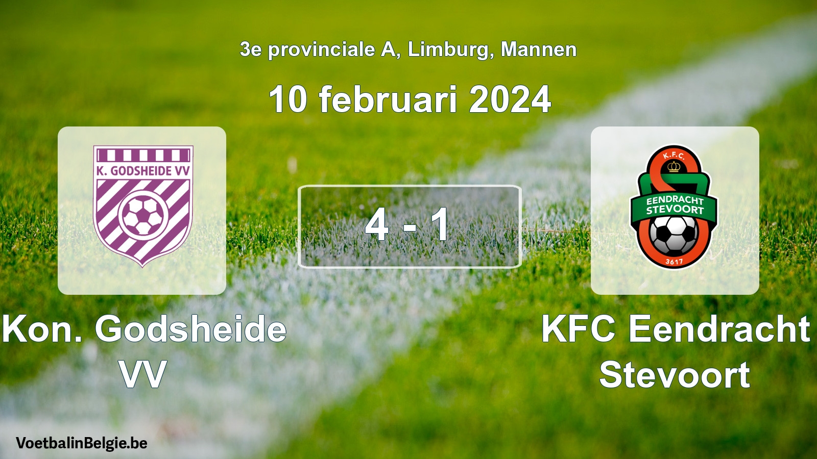 Gespeelde wedstrijd mannenvoetbal: Kon. Godsheide VV - KFC Eendracht Stevoort 4 - 1 (10 februari 2024)