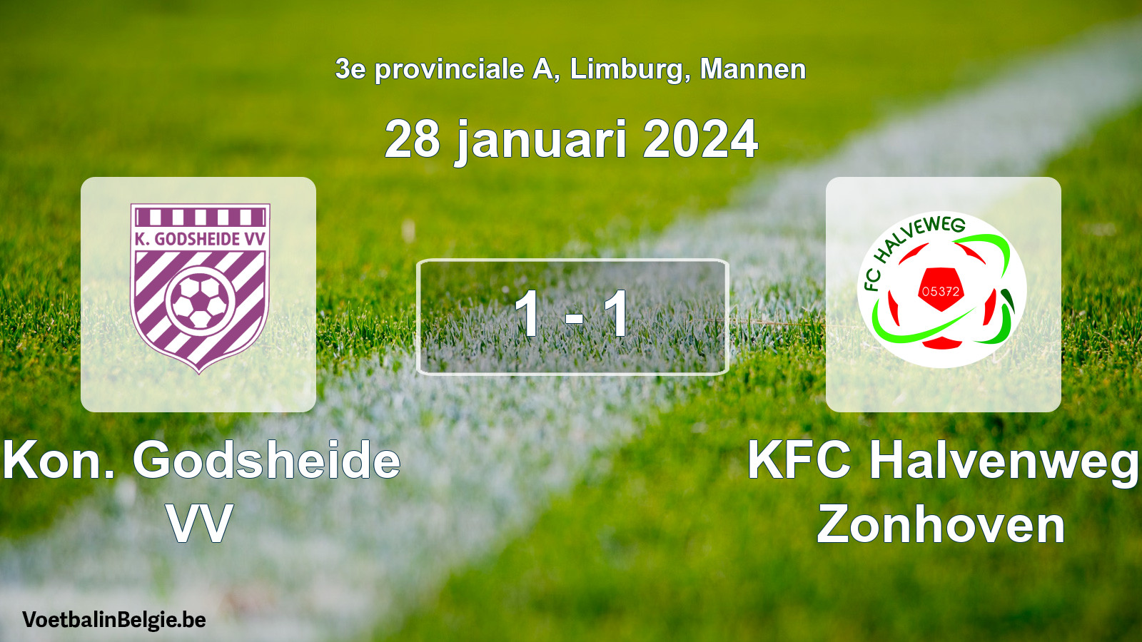 Gespeelde wedstrijd mannenvoetbal: Kon. Godsheide VV - KFC Halvenweg Zonhoven 1 - 1 (28 januari 2024)