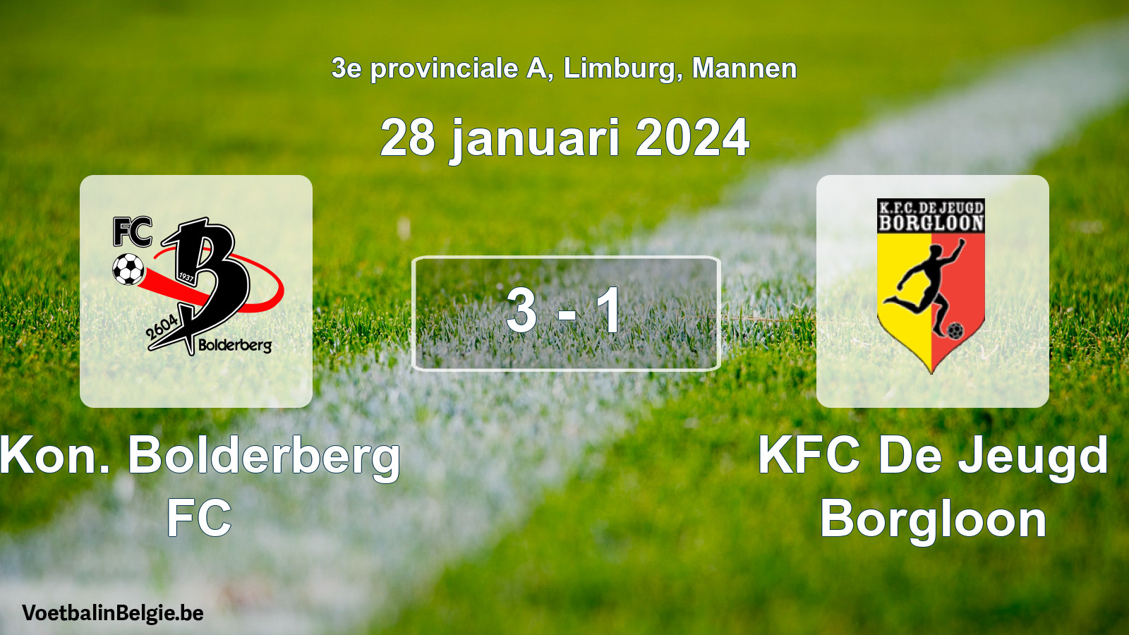 Gespeelde wedstrijd mannenvoetbal: Kon. Bolderberg FC - KFC De Jeugd Borgloon 3 - 1 (28 januari 2024)