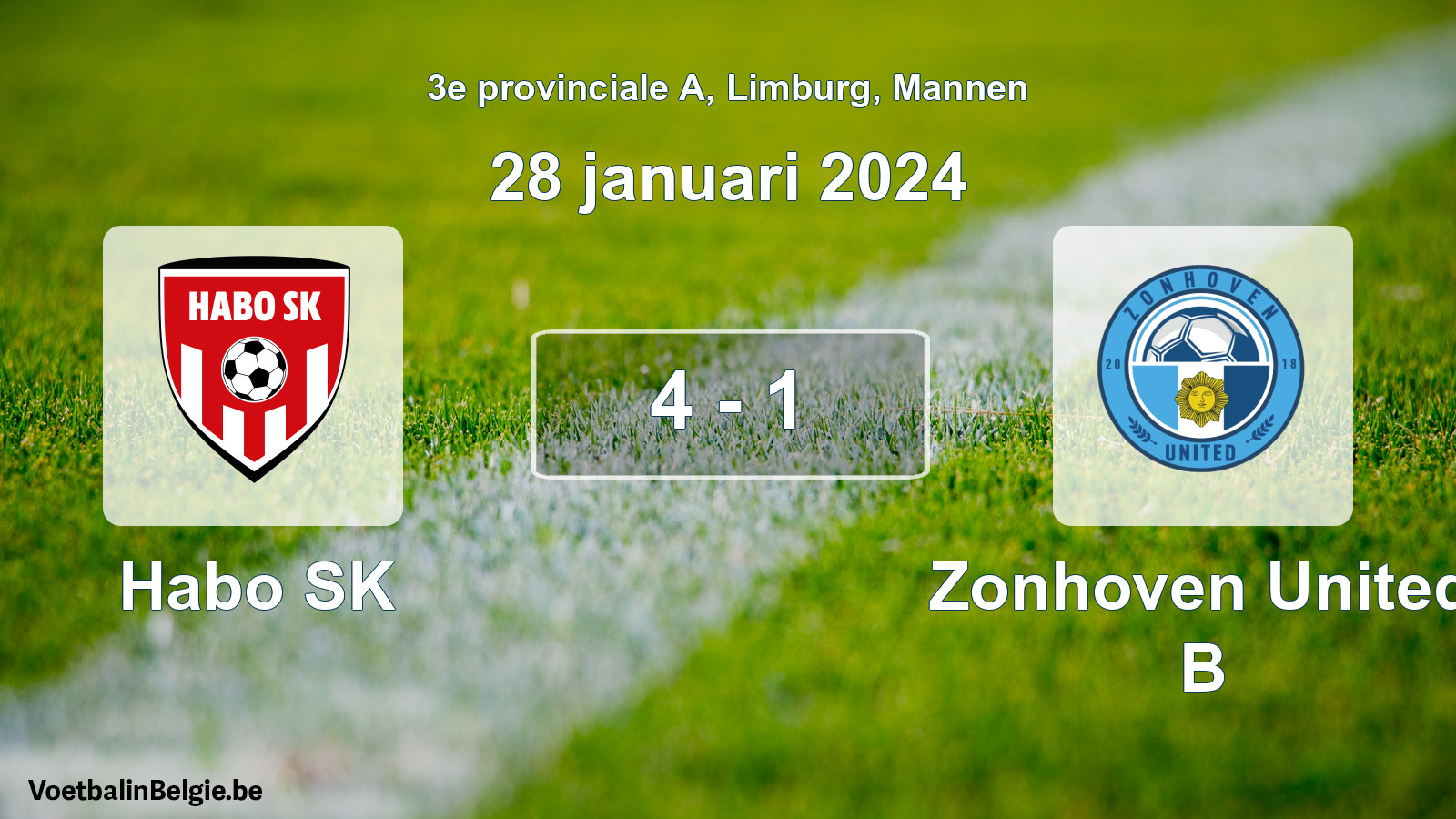 Gespeelde wedstrijd mannenvoetbal: Habo SK - Zonhoven United B 4 - 1 (28 januari 2024)