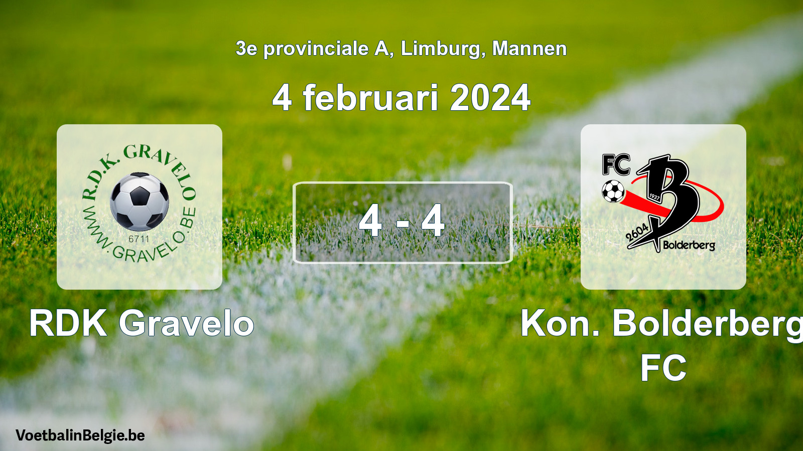 Gespeelde wedstrijd mannenvoetbal: RDK Gravelo - Kon. Bolderberg FC 4 - 4 (4 februari 2024)
