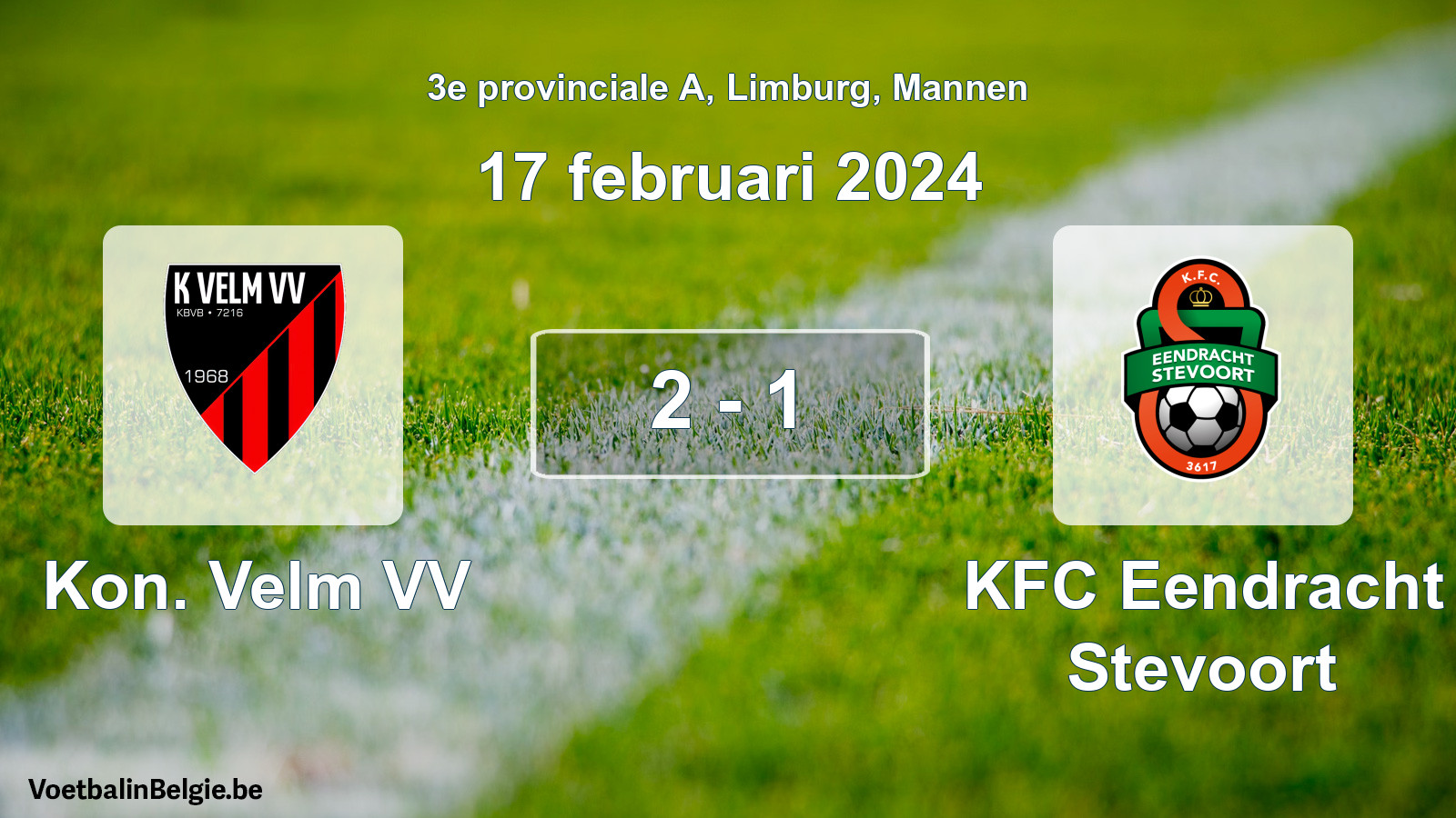 Gespeelde wedstrijd mannenvoetbal: Kon. Velm VV - KFC Eendracht Stevoort 2 - 1 (17 februari 2024)