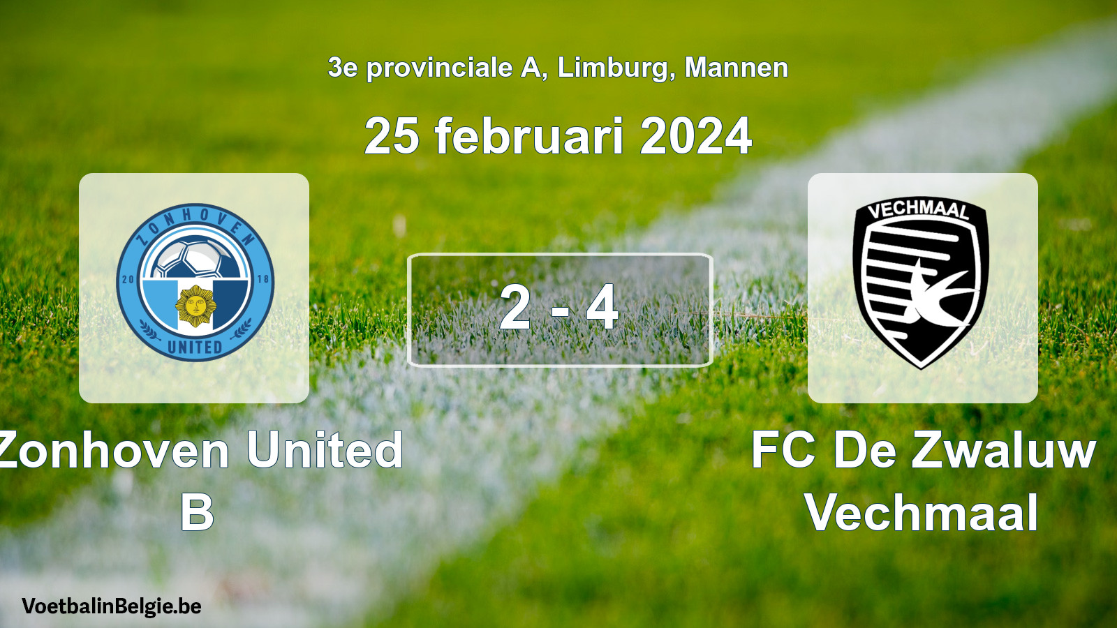 Gespeelde wedstrijd mannenvoetbal: Zonhoven United B - FC De Zwaluw Vechmaal 2 - 4 (25 februari 2024)