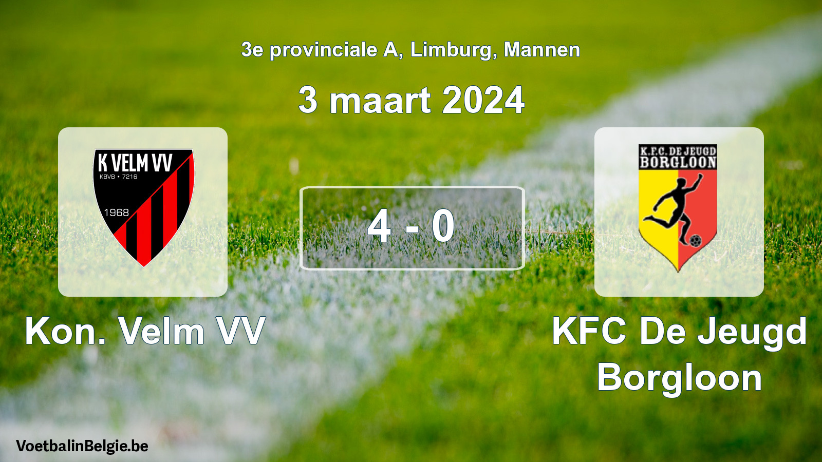 Gespeelde wedstrijd mannenvoetbal: Kon. Velm VV - KFC De Jeugd Borgloon 4 - 0 (3 maart 2024)
