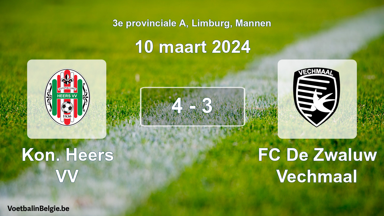 Gespeelde wedstrijd mannenvoetbal: Kon. Heers VV - FC De Zwaluw Vechmaal 4 - 3 (10 maart 2024)