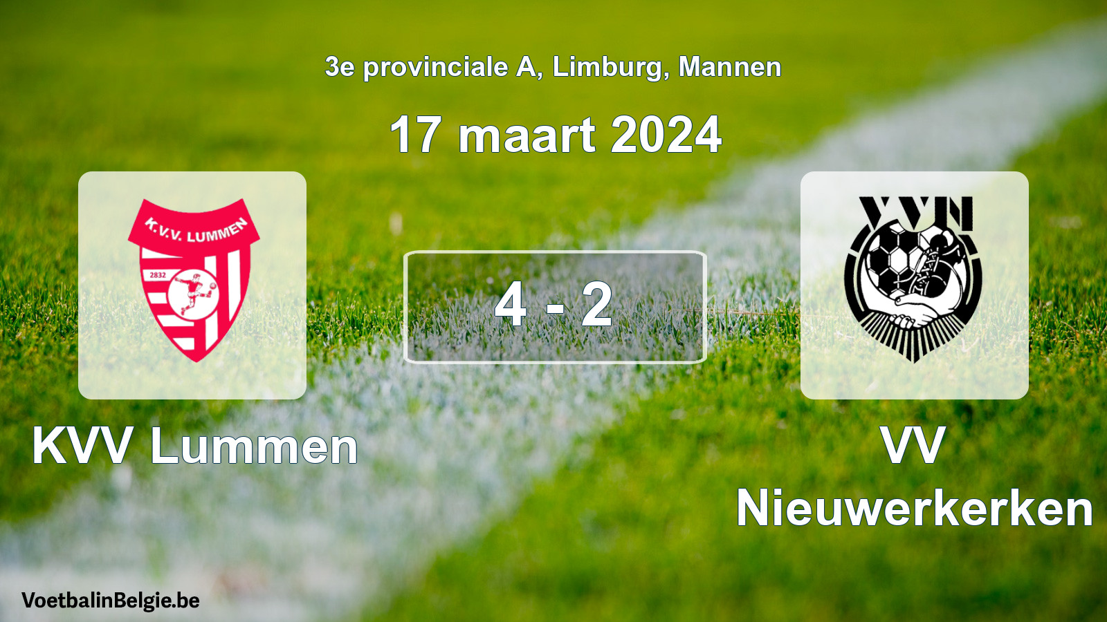 Gespeelde wedstrijd mannenvoetbal: KVV Lummen - VV Nieuwerkerken 4 - 2 (17 maart 2024)