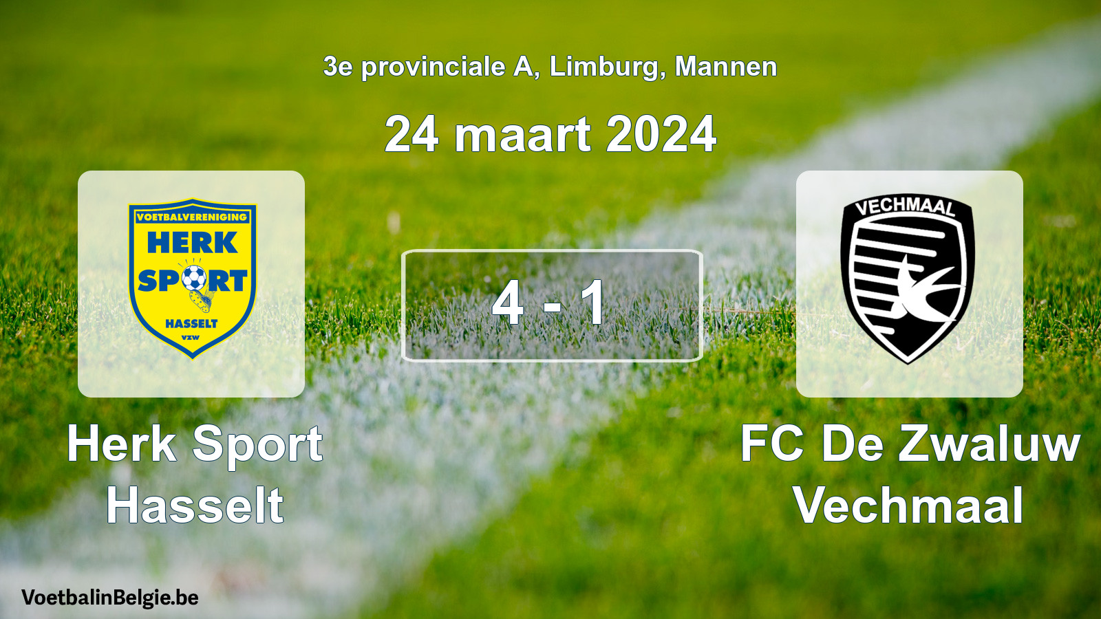 Gespeelde wedstrijd mannenvoetbal: Herk Sport Hasselt - FC De Zwaluw Vechmaal 4 - 1 (24 maart 2024)