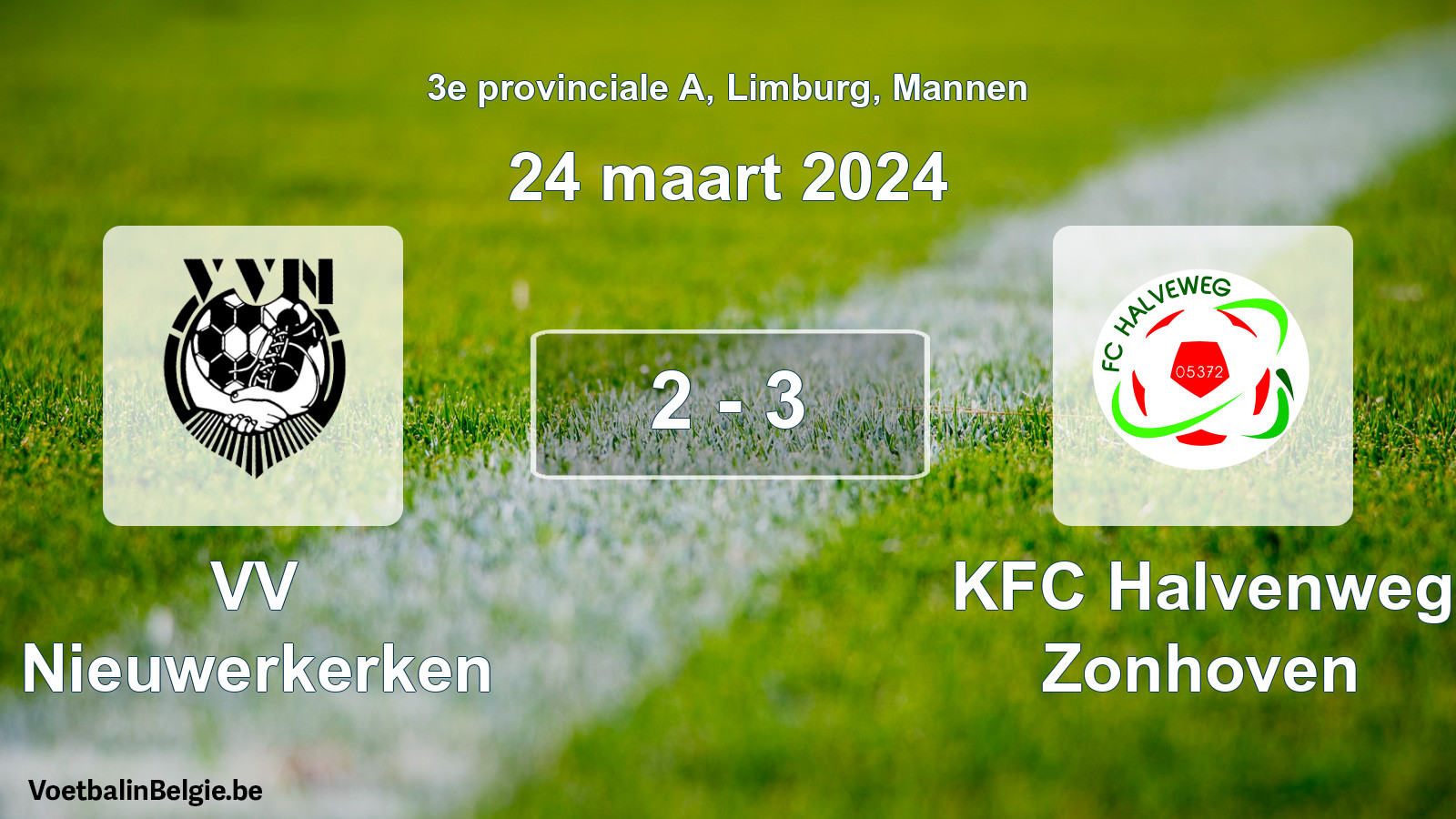 Gespeelde wedstrijd mannenvoetbal: VV Nieuwerkerken - KFC Halvenweg Zonhoven 2 - 3 (24 maart 2024)