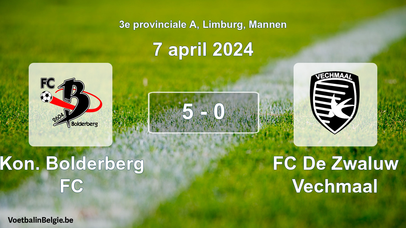 Gespeelde wedstrijd mannenvoetbal: Kon. Bolderberg FC - FC De Zwaluw Vechmaal 5 - 0 (7 april 2024)