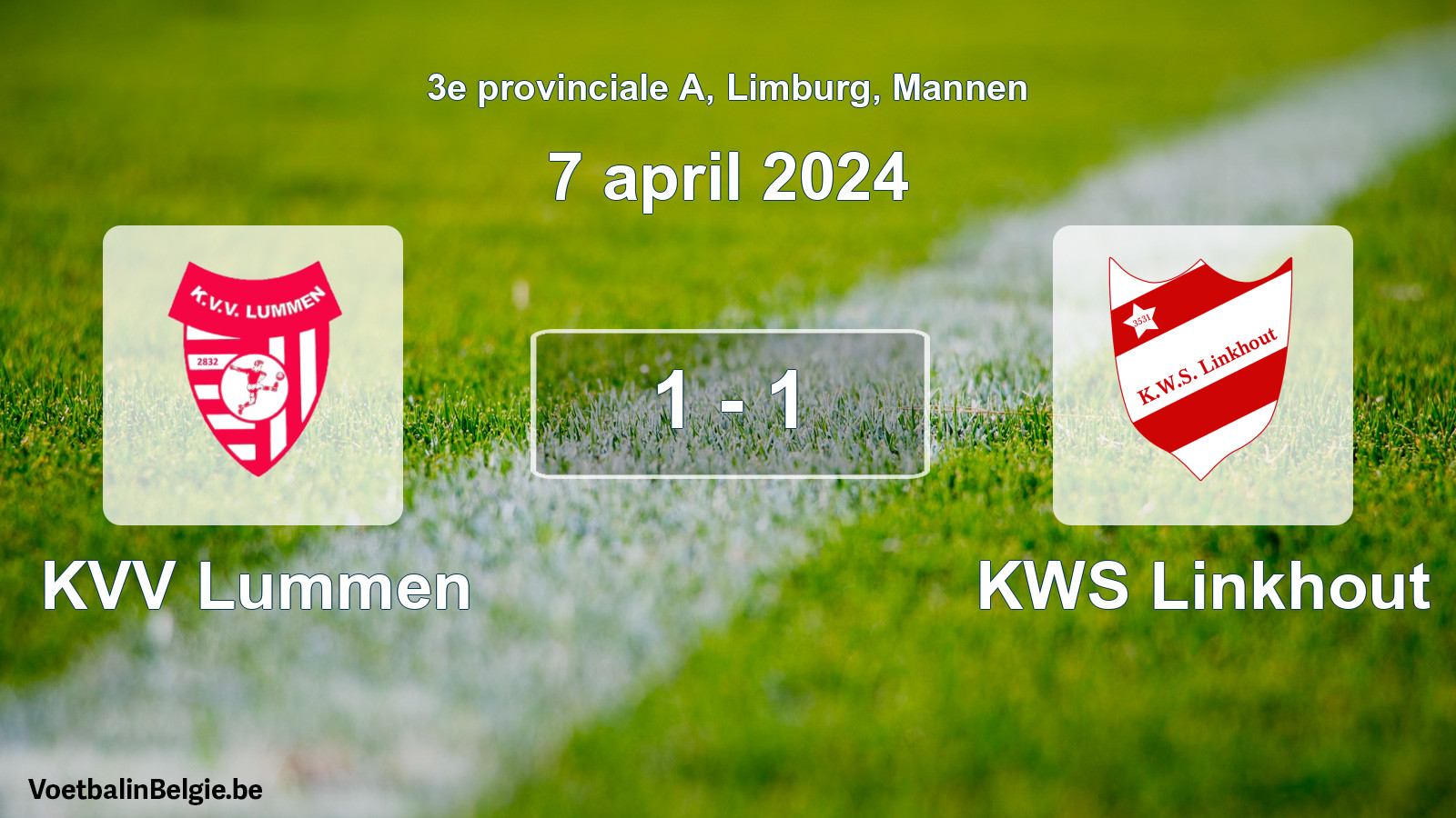 Gespeelde wedstrijd mannenvoetbal: KVV Lummen - KWS Linkhout 1 - 1 (7 april 2024)