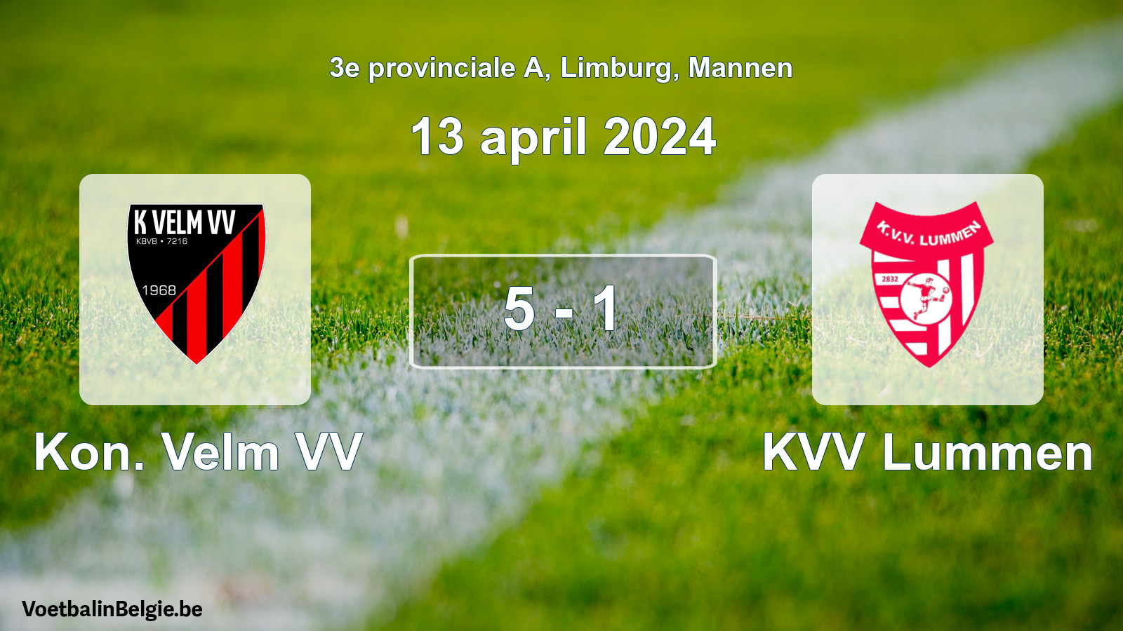 Gespeelde wedstrijd mannenvoetbal: Kon. Velm VV - KVV Lummen 5 - 1 (13 april 2024)