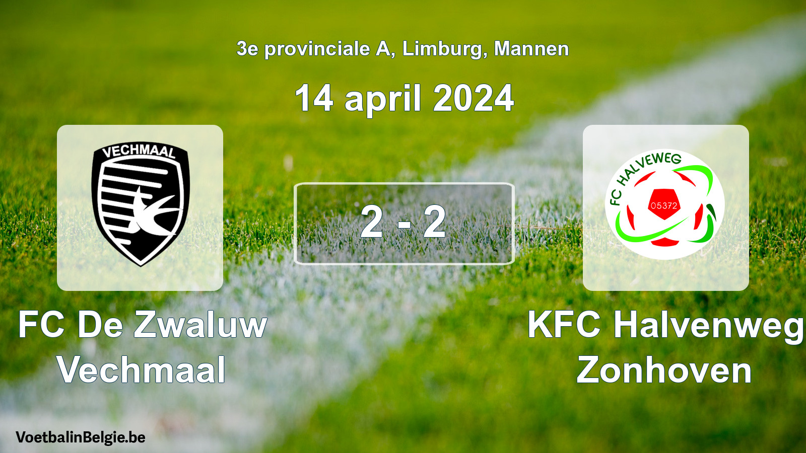 Gespeelde wedstrijd mannenvoetbal: FC De Zwaluw Vechmaal - KFC Halvenweg Zonhoven 2 - 2 (14 april 2024)