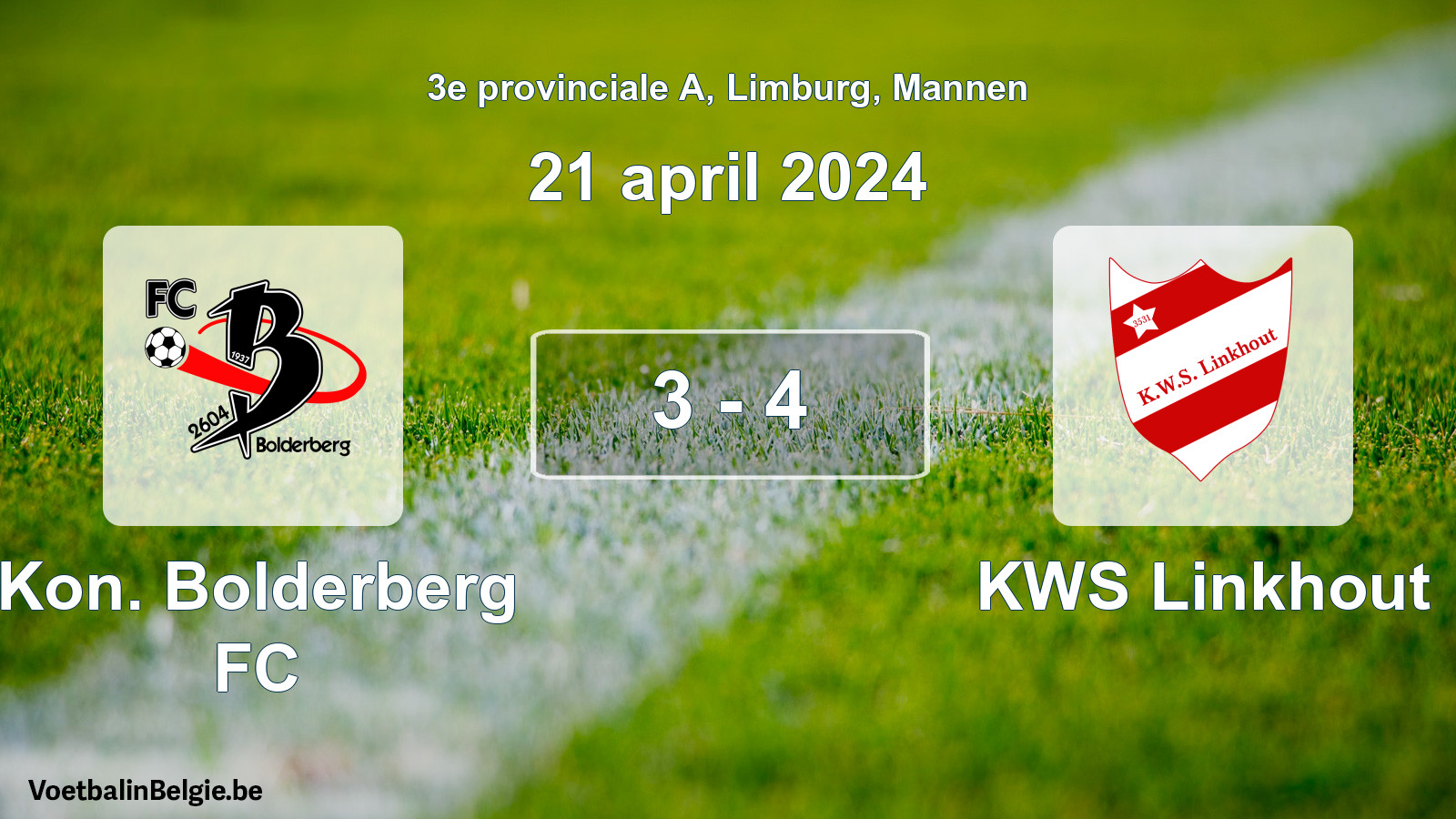 Gespeelde wedstrijd mannenvoetbal: Kon. Bolderberg FC - KWS Linkhout 3 - 4 (21 april 2024)