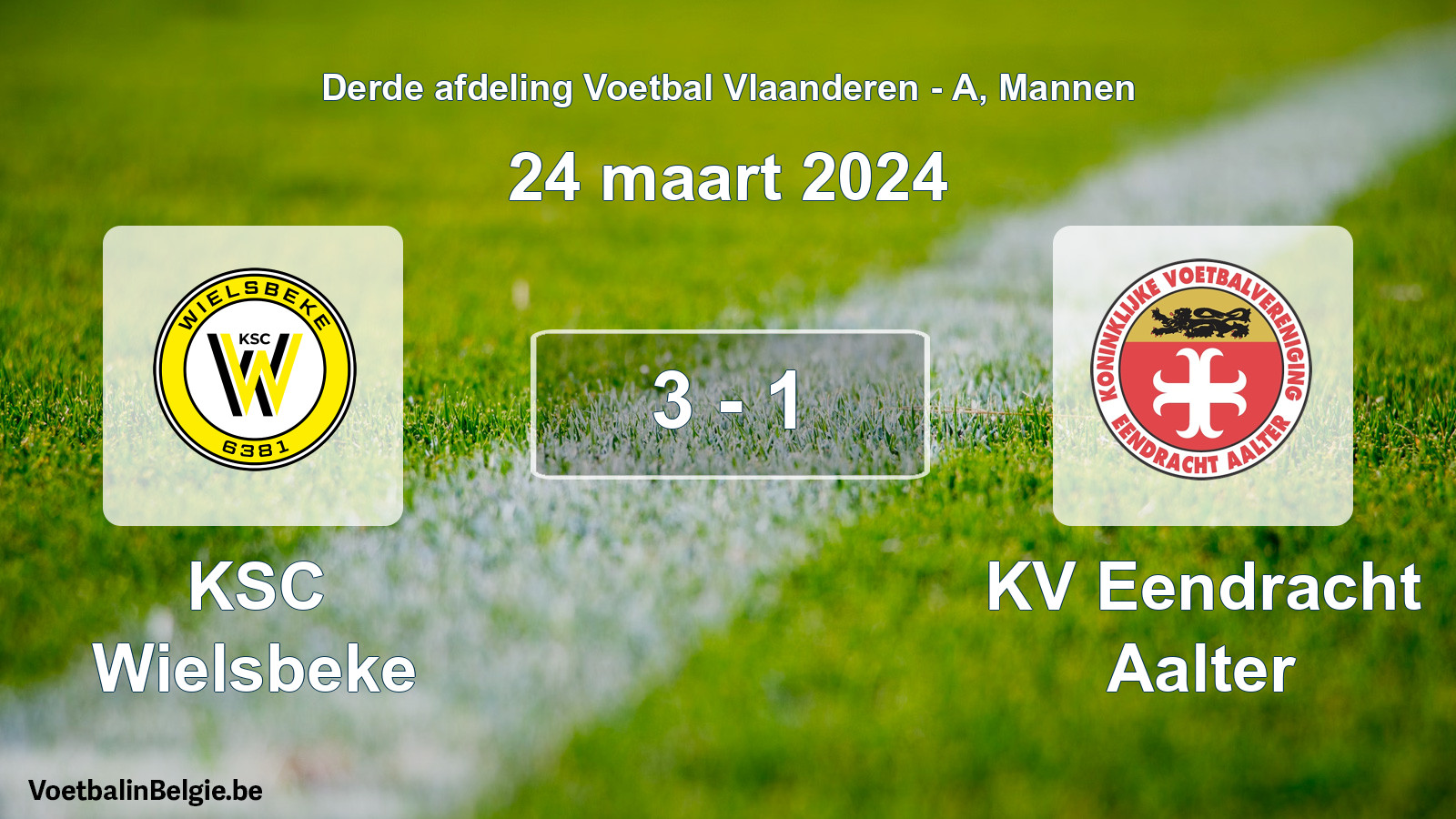 Gespeelde wedstrijd mannenvoetbal: KSC Wielsbeke - KV Eendracht Aalter 3 - 1 (24 maart 2024)
