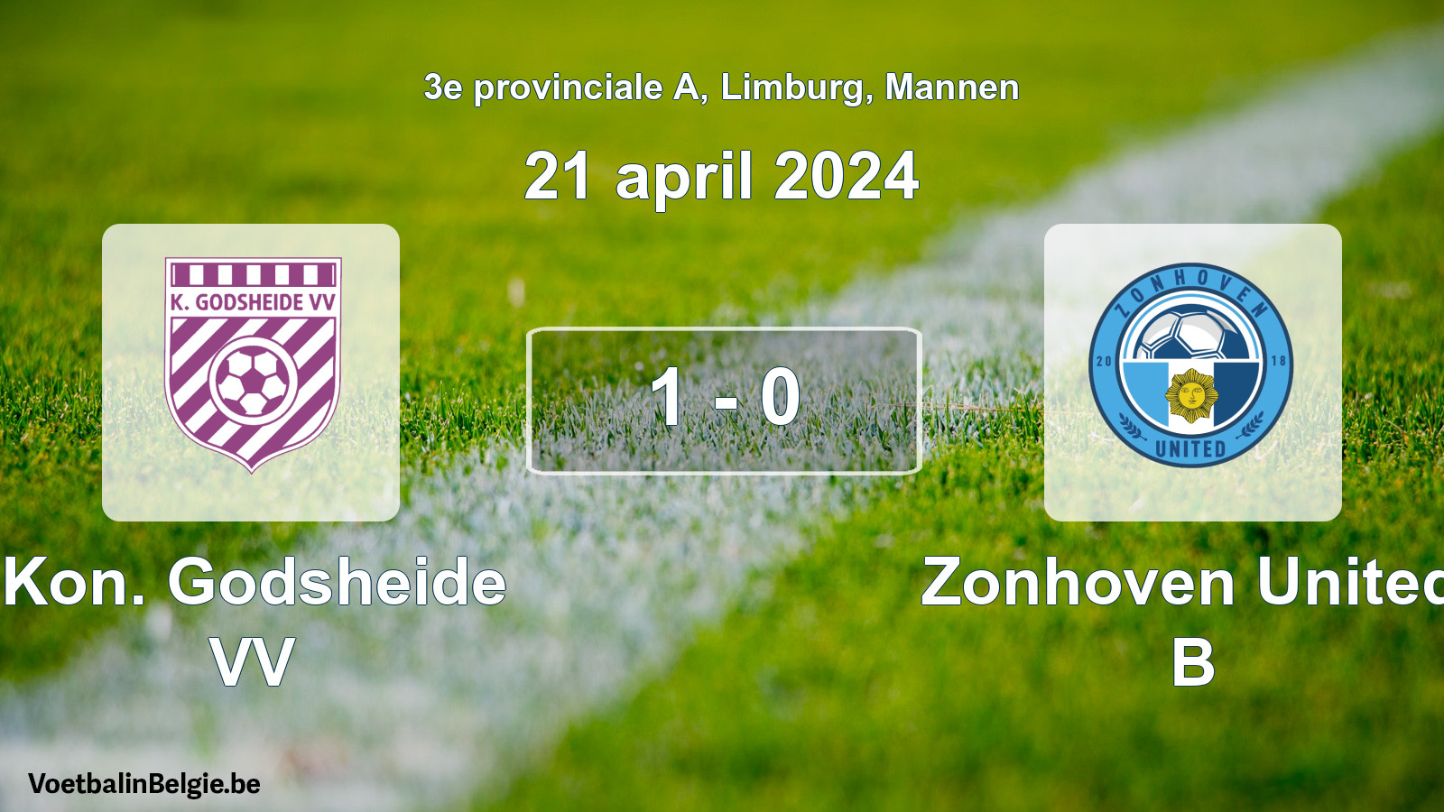 Gespeelde wedstrijd mannenvoetbal: Kon. Godsheide VV - Zonhoven United B 1 - 0 (21 april 2024)