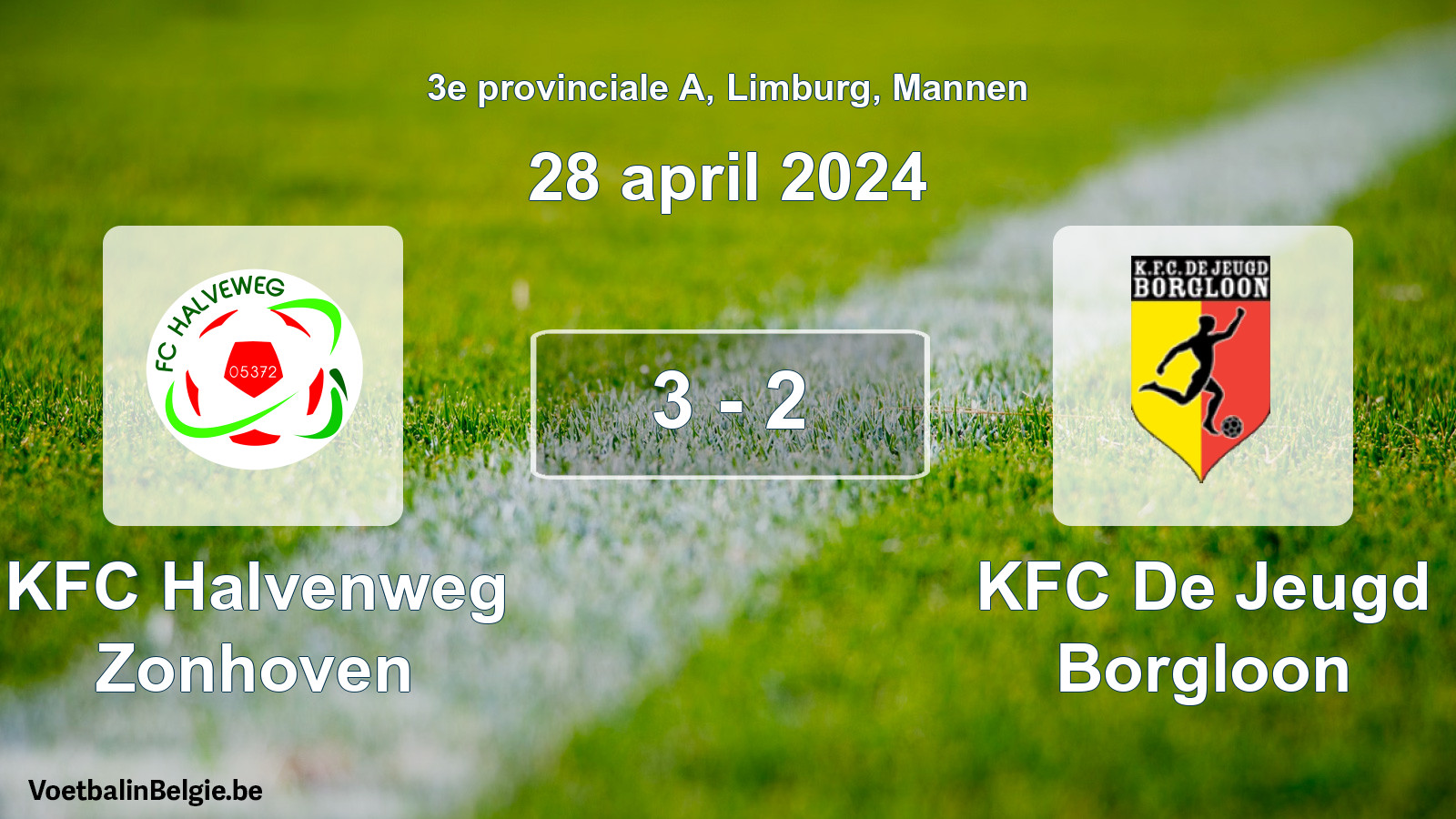 Gespeelde wedstrijd mannenvoetbal: KFC Halvenweg Zonhoven - KFC De Jeugd Borgloon 3 - 2 (28 april 2024)