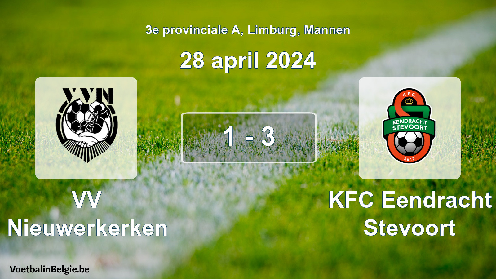 Gespeelde wedstrijd mannenvoetbal: VV Nieuwerkerken - KFC Eendracht Stevoort 1 - 3 (28 april 2024)