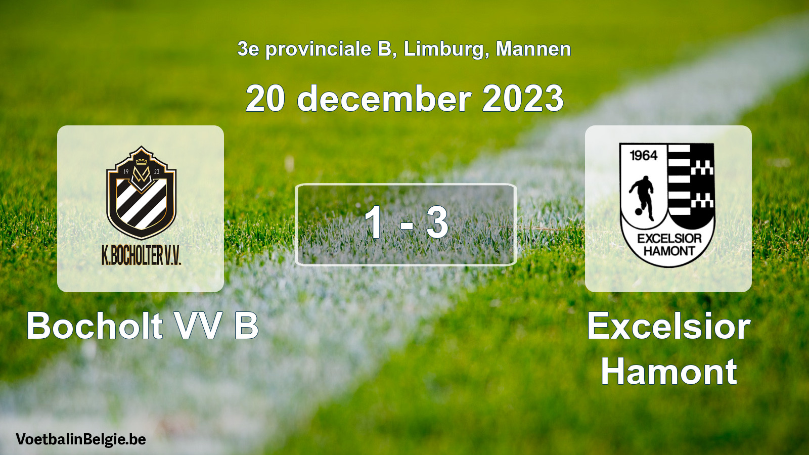 Gespeelde wedstrijd mannenvoetbal: Bocholt VV B - Excelsior Hamont 1 - 3 (20 december 2023)