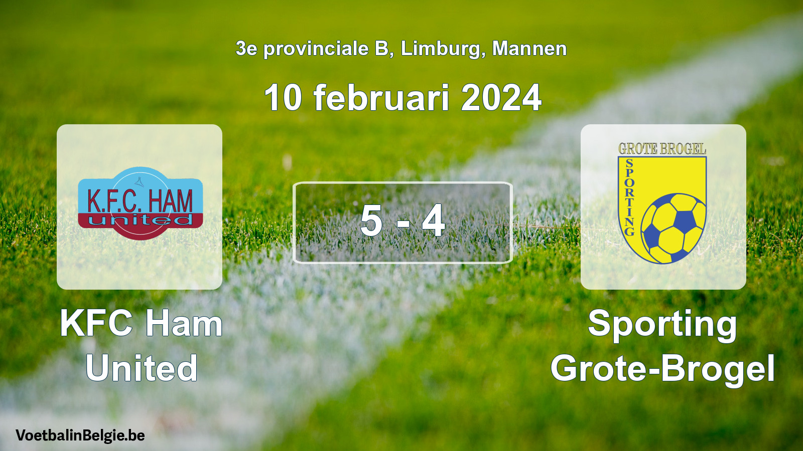 Gespeelde wedstrijd mannenvoetbal: KFC Ham United - Sporting Grote-Brogel 5 - 4 (10 februari 2024)