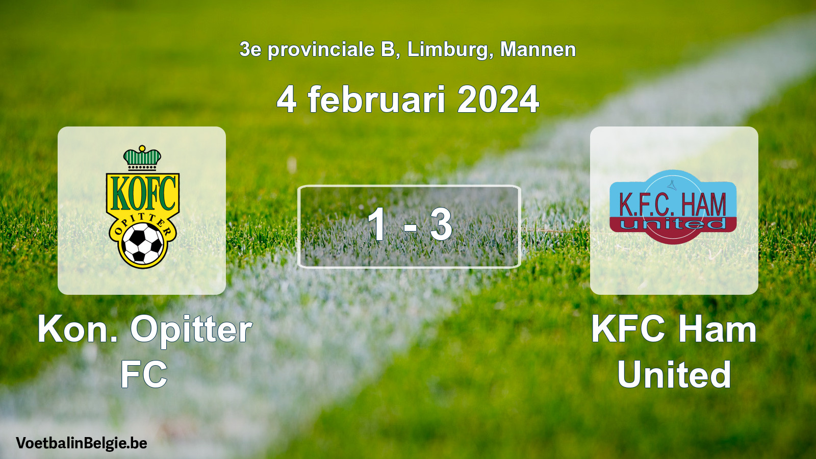Gespeelde wedstrijd mannenvoetbal: Kon. Opitter FC - KFC Ham United 1 - 3 (4 februari 2024)