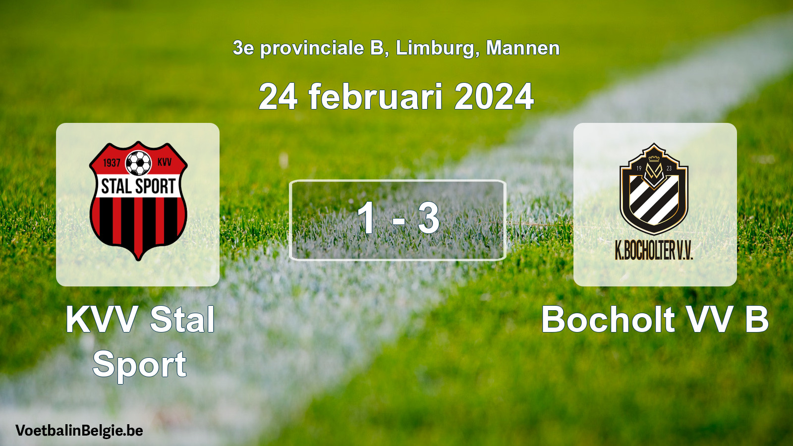Gespeelde wedstrijd mannenvoetbal: KVV Stal Sport - Bocholt VV B 1 - 3 (24 februari 2024)