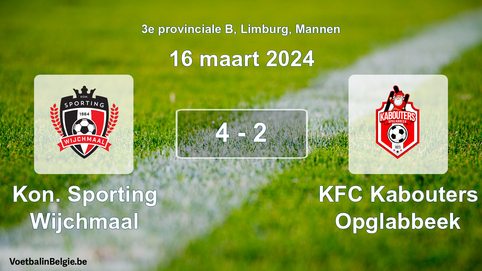 Gespeelde wedstrijd mannenvoetbal: Kon. Sporting Wijchmaal - KFC Kabouters Opglabbeek 4 - 2 (16 maart 2024)