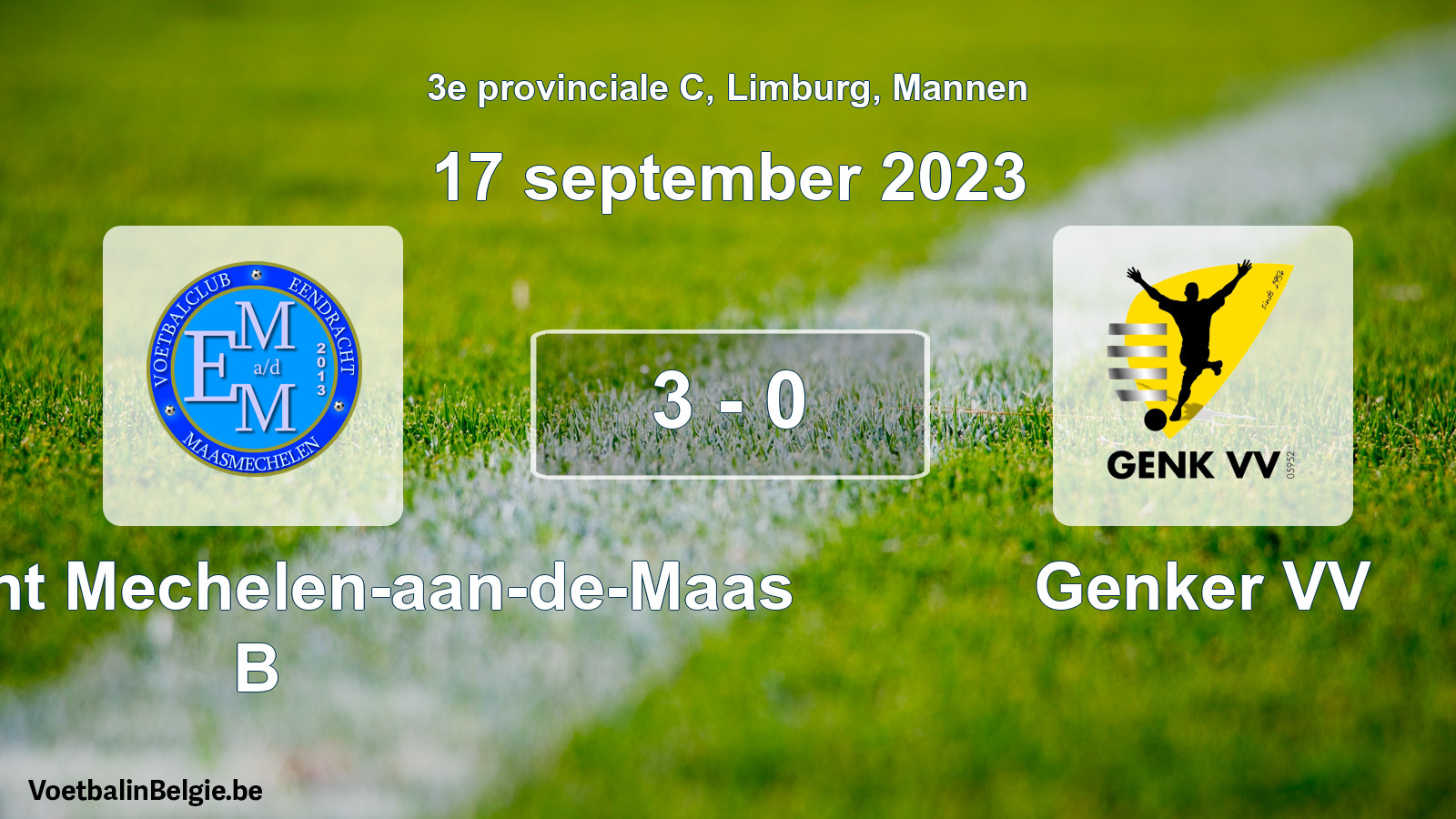 Gespeelde wedstrijd mannenvoetbal: Eendracht Mechelen-aan-de-Maas B - Genker VV 3 - 0 (17 september 2023)