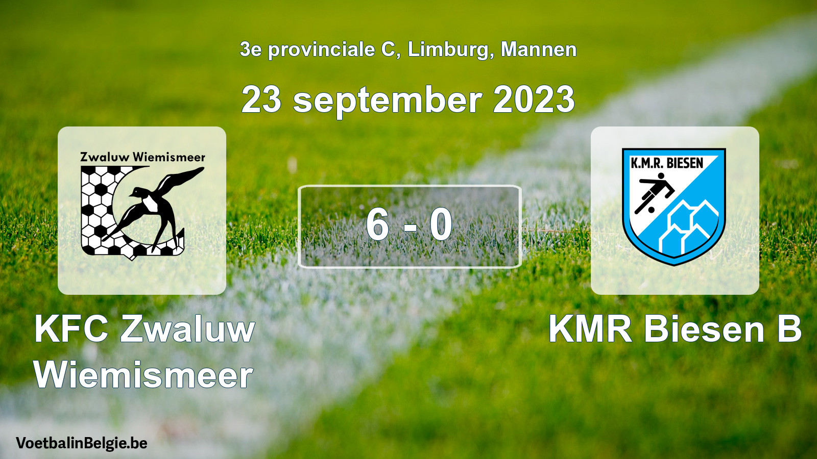 Gespeelde wedstrijd mannenvoetbal: KFC Zwaluw Wiemismeer - KMR Biesen B 6 - 0 (23 september 2023)