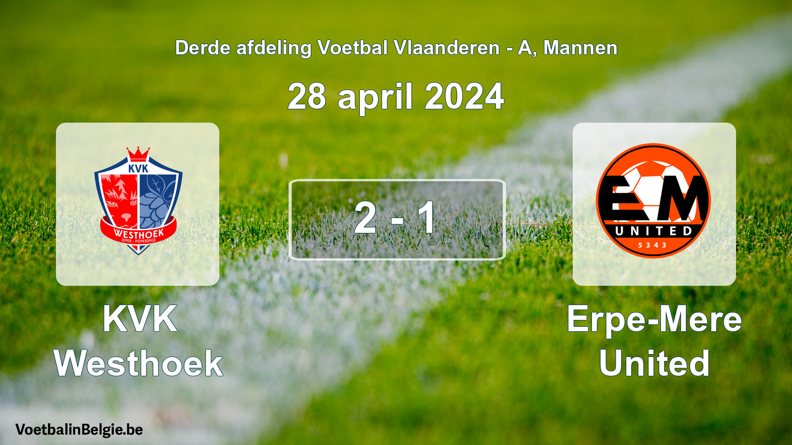 Gespeelde wedstrijd mannenvoetbal: KVK Westhoek - Erpe-Mere United 2 - 1 (28 april 2024)