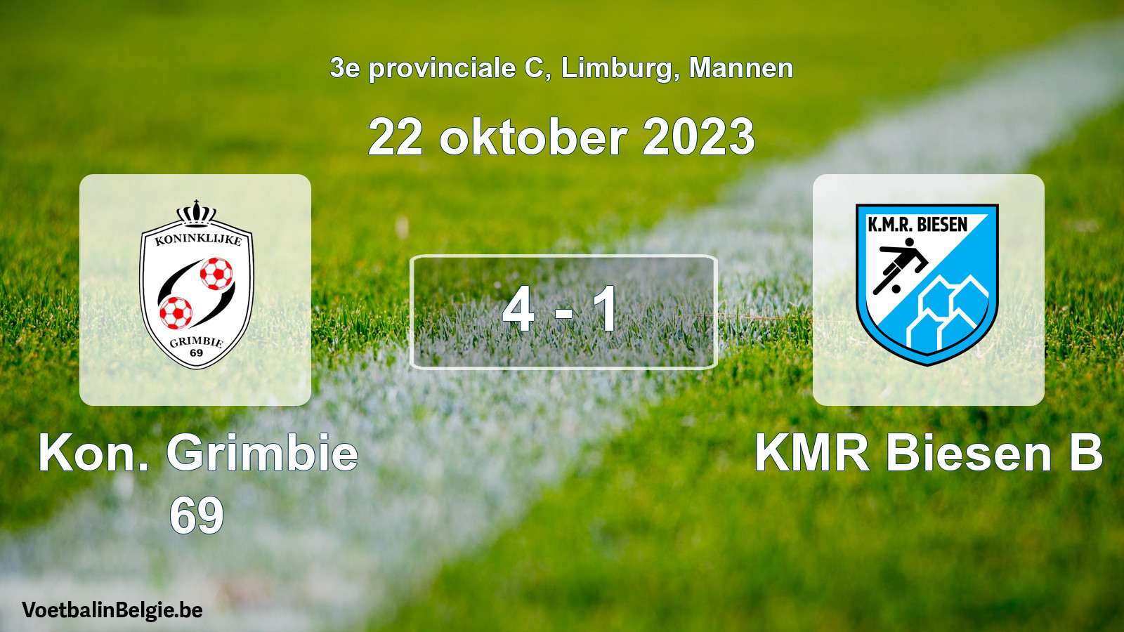 Gespeelde wedstrijd mannenvoetbal: Kon. Grimbie 69 - KMR Biesen B 4 - 1 (22 oktober 2023)