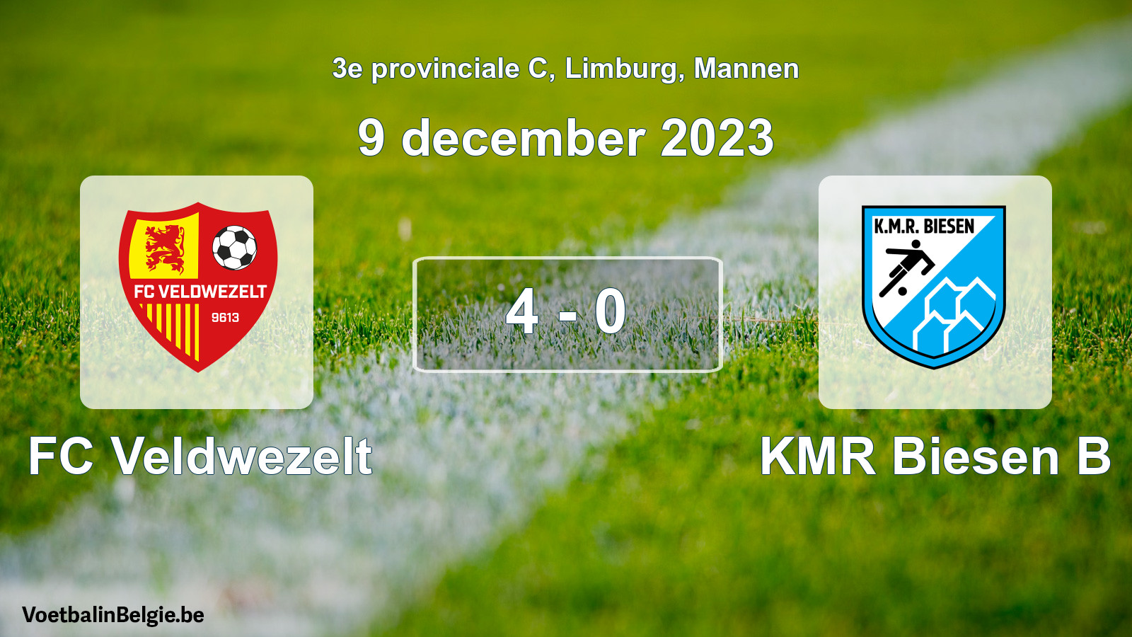 Gespeelde wedstrijd mannenvoetbal: FC Veldwezelt - KMR Biesen B 4 - 0 (9 december 2023)