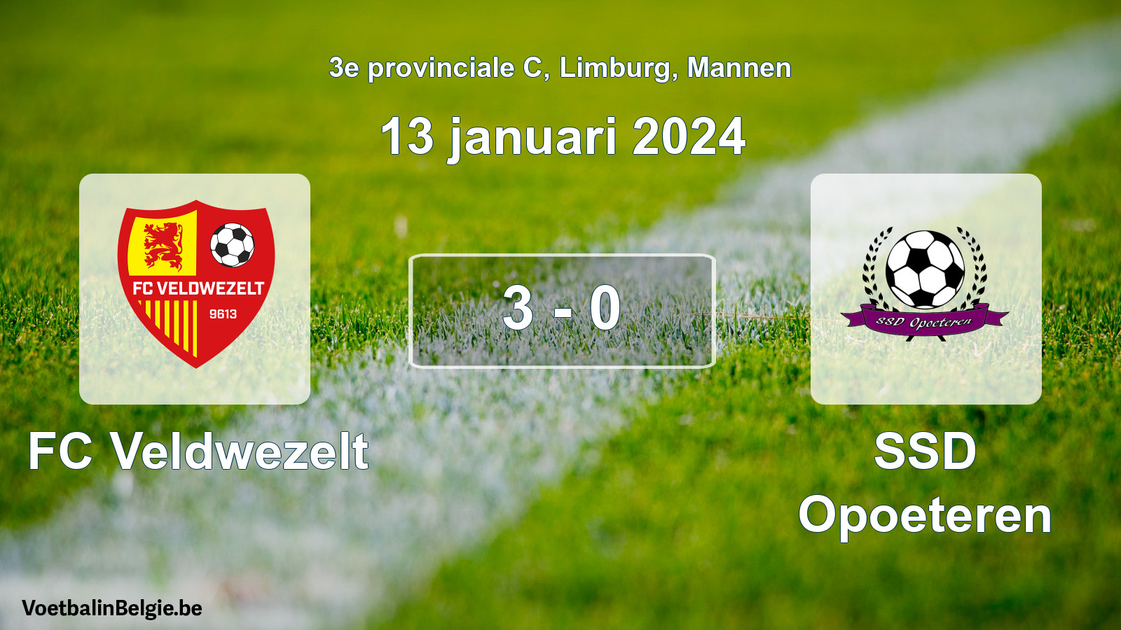 Gespeelde wedstrijd mannenvoetbal: FC Veldwezelt - SSD Opoeteren 3 - 0 (13 januari 2024)