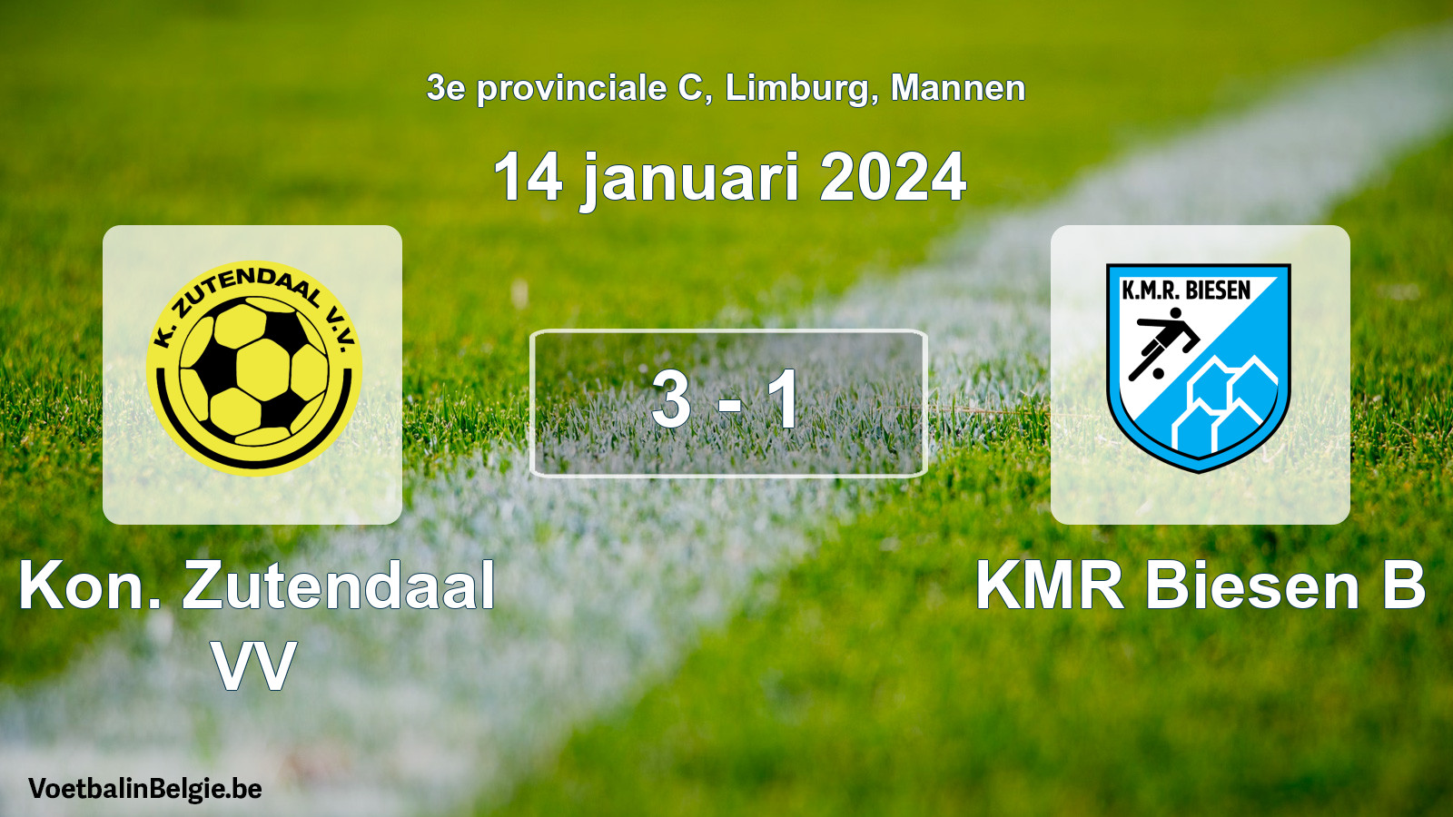 Gespeelde wedstrijd mannenvoetbal: Kon. Zutendaal VV - KMR Biesen B 3 - 1 (14 januari 2024)