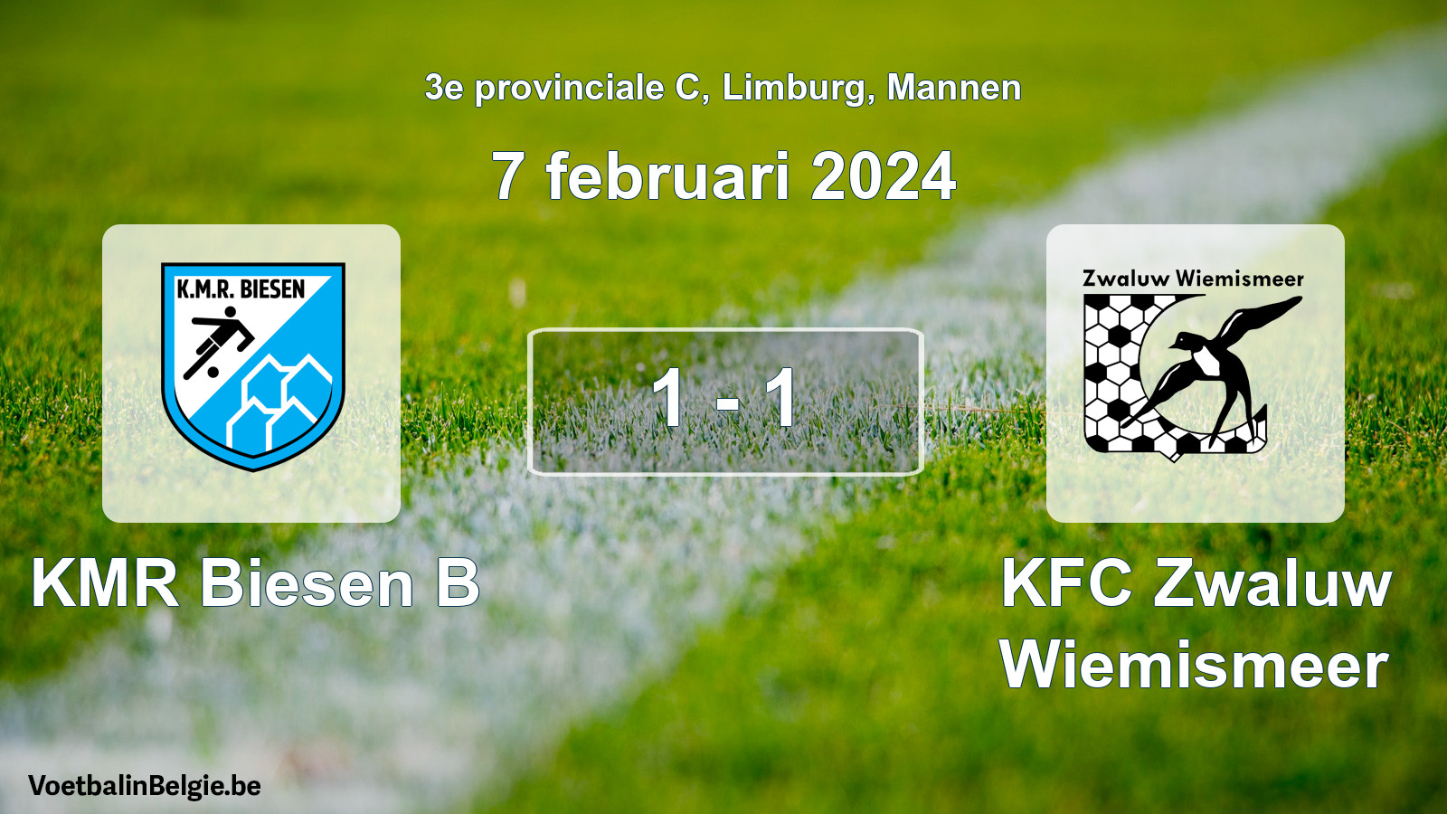 Gespeelde wedstrijd mannenvoetbal: KMR Biesen B - KFC Zwaluw Wiemismeer 1 - 1 (7 februari 2024)