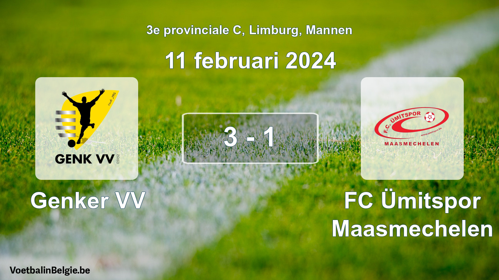 Gespeelde wedstrijd mannenvoetbal: Genker VV - FC Ümitspor Maasmechelen 3 - 1 (11 februari 2024)