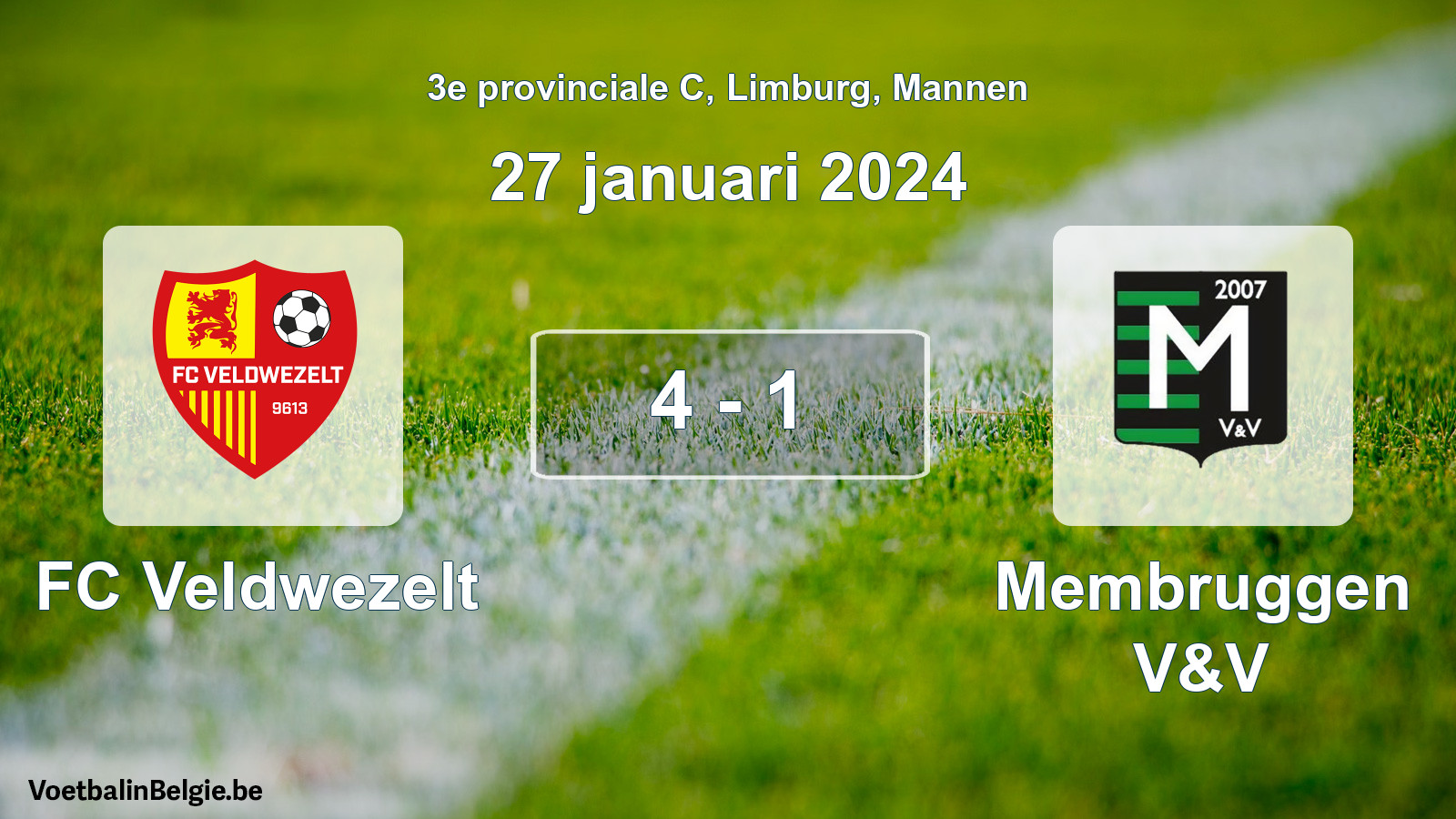 Gespeelde wedstrijd mannenvoetbal: FC Veldwezelt - Membruggen V&V 4 - 1 (27 januari 2024)
