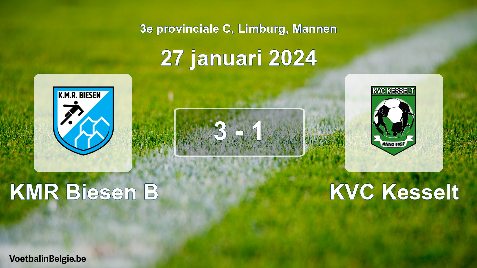Gespeelde wedstrijd mannenvoetbal: KMR Biesen B - KVC Kesselt 3 - 1 (27 januari 2024)