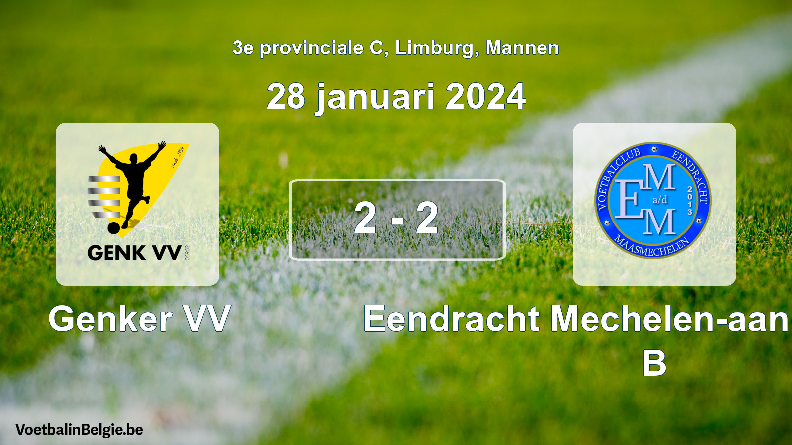 Gespeelde wedstrijd mannenvoetbal: Genker VV - Eendracht Mechelen-aan-de-Maas B 2 - 2 (28 januari 2024)