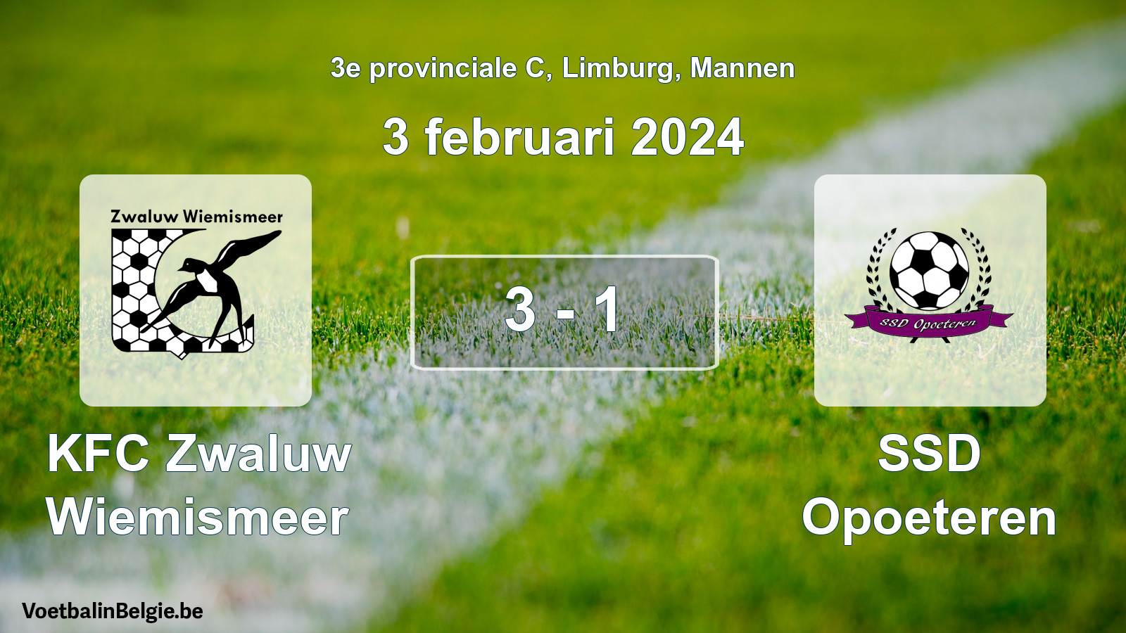 Gespeelde wedstrijd mannenvoetbal: KFC Zwaluw Wiemismeer - SSD Opoeteren 3 - 1 (3 februari 2024)