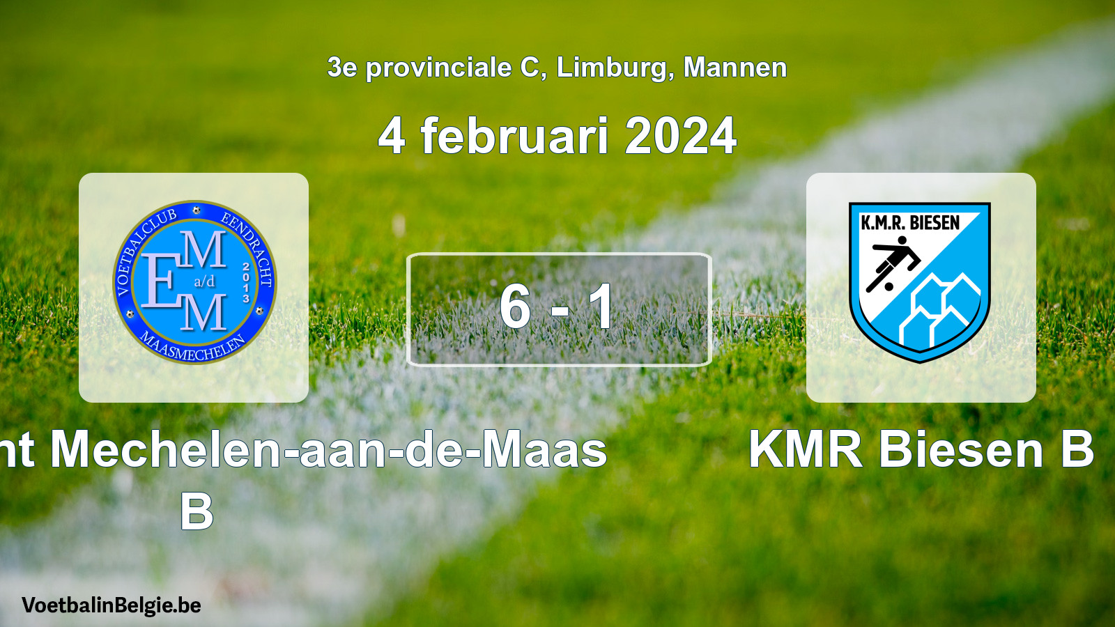 Gespeelde wedstrijd mannenvoetbal: Eendracht Mechelen-aan-de-Maas B - KMR Biesen B 6 - 1 (4 februari 2024)