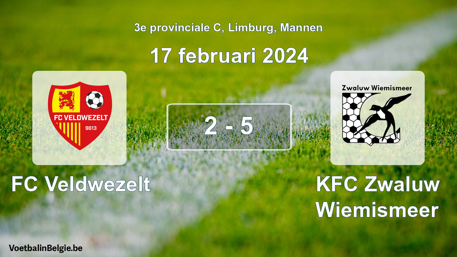 Gespeelde wedstrijd mannenvoetbal: FC Veldwezelt - KFC Zwaluw Wiemismeer 2 - 5 (17 februari 2024)